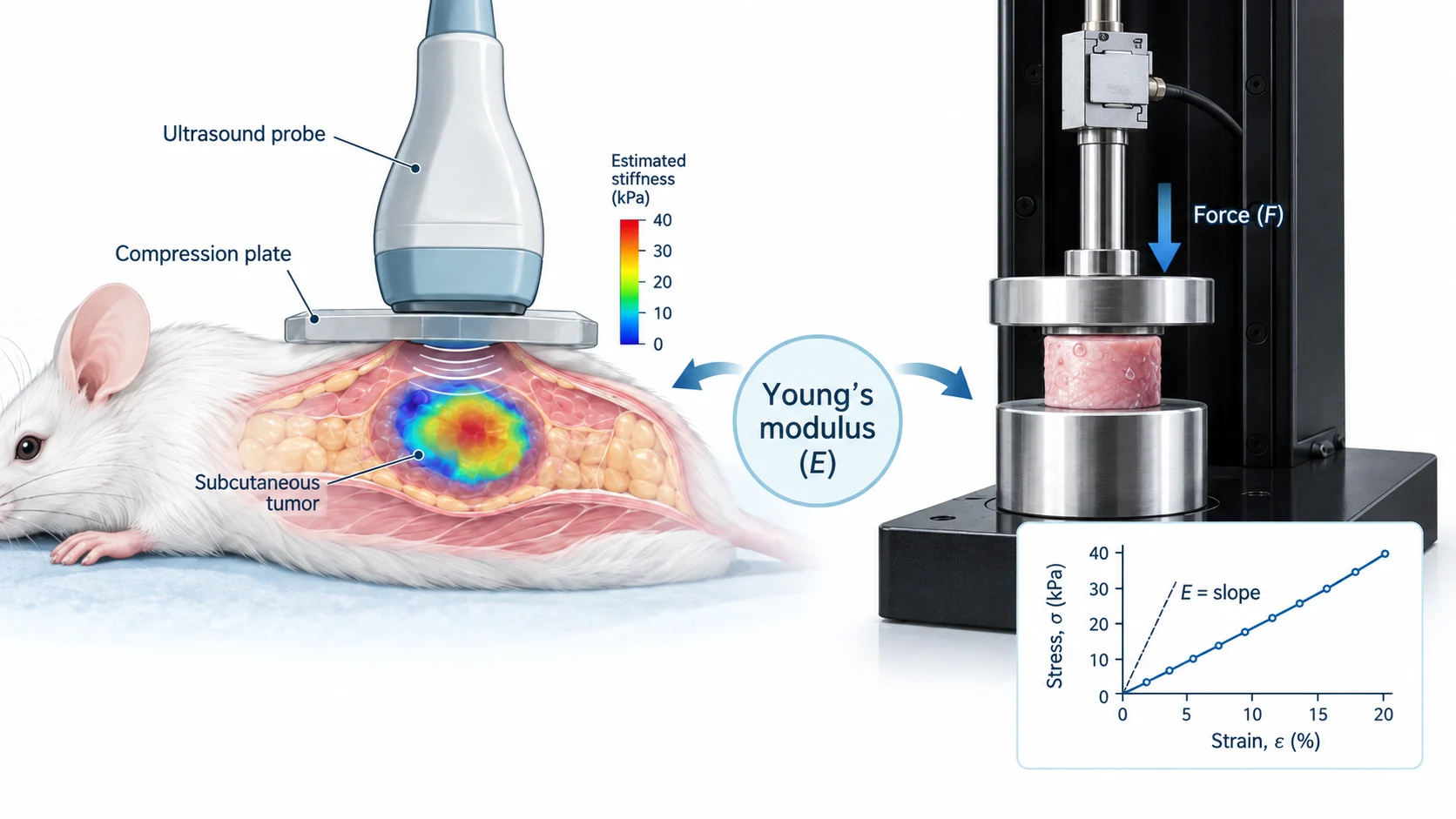 Tumor stiffness measurement using in vivo ultrasound poroelastography and ex vivo UniVert compression testing.