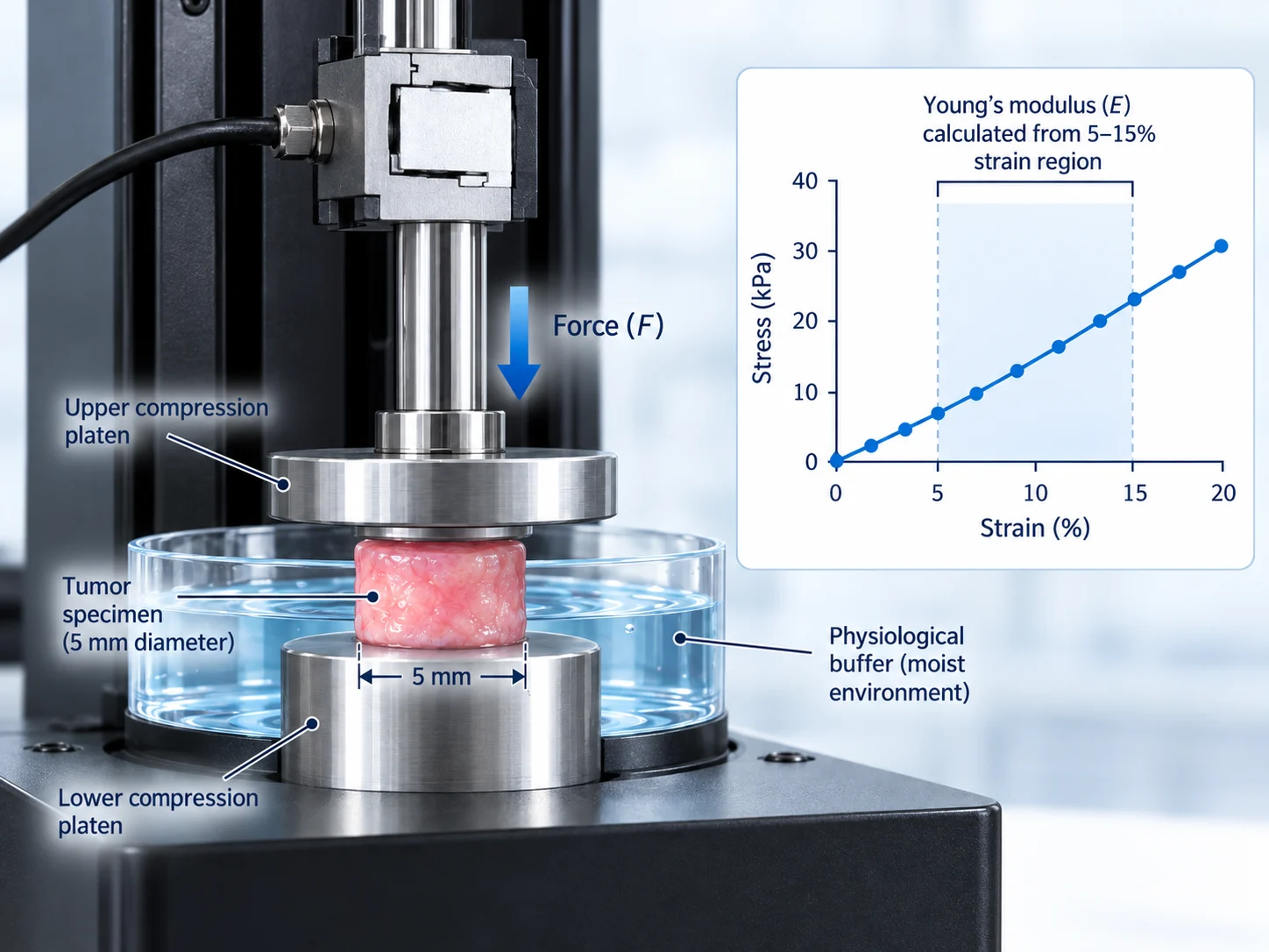 Ex vivo tumor compression test with the 5% to 15% strain range used to calculate Young's modulus.