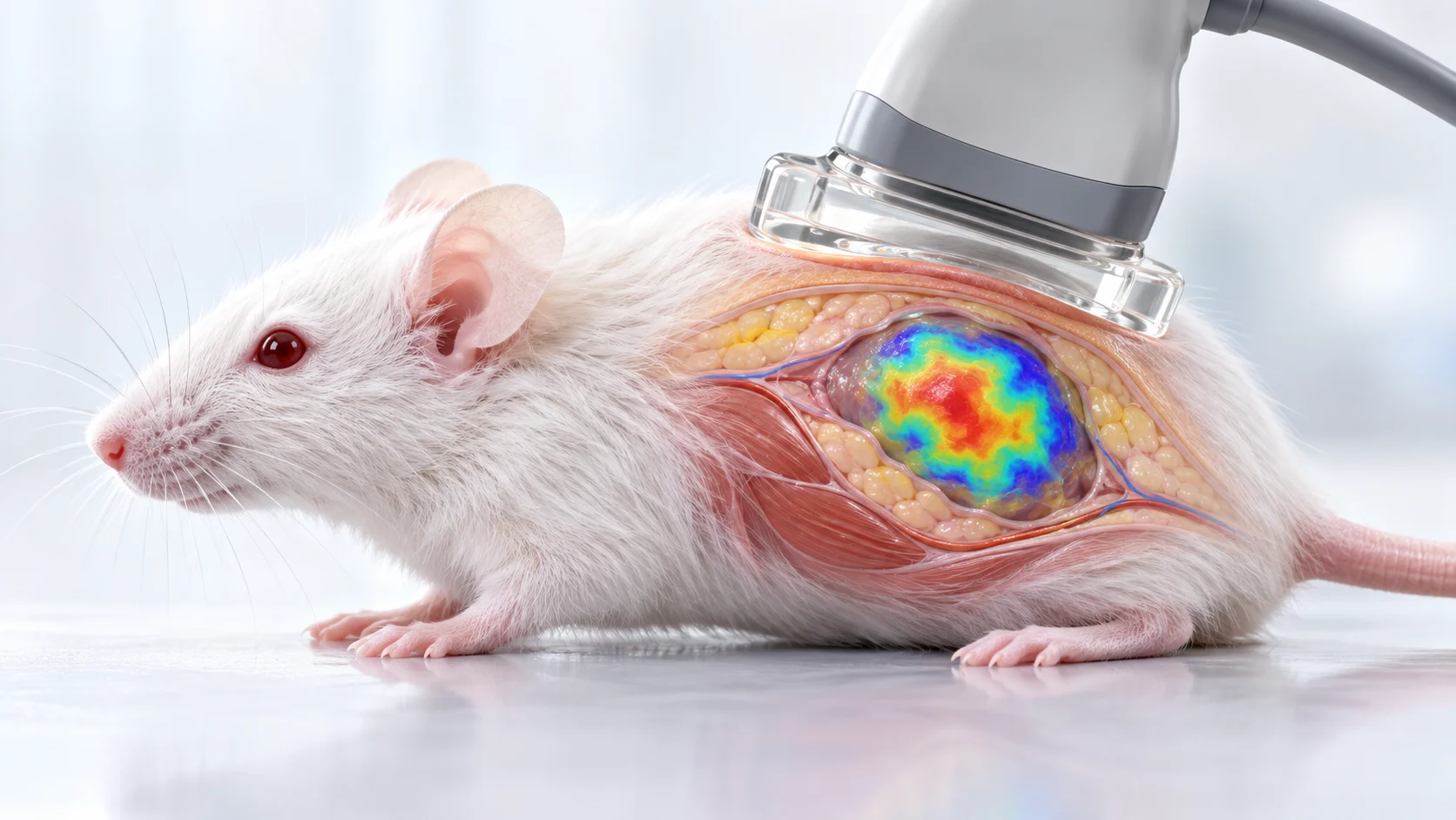 Ultrasound probe measuring tumor stiffness in a laboratory mouse, with a color-coded elastography map showing stiffness variation within the tumor.
