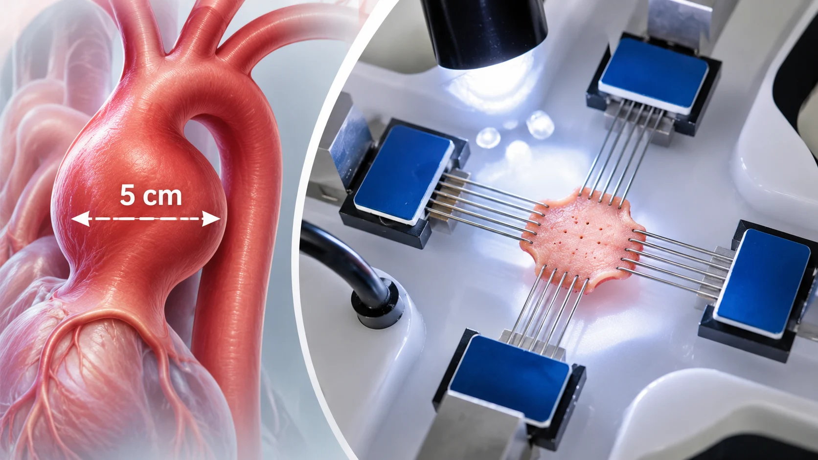 Illustration of an ascending aortic aneurysm at the 5 cm diameter threshold alongside a biaxial mechanical testing setup for measuring aortic tissue stiffness.