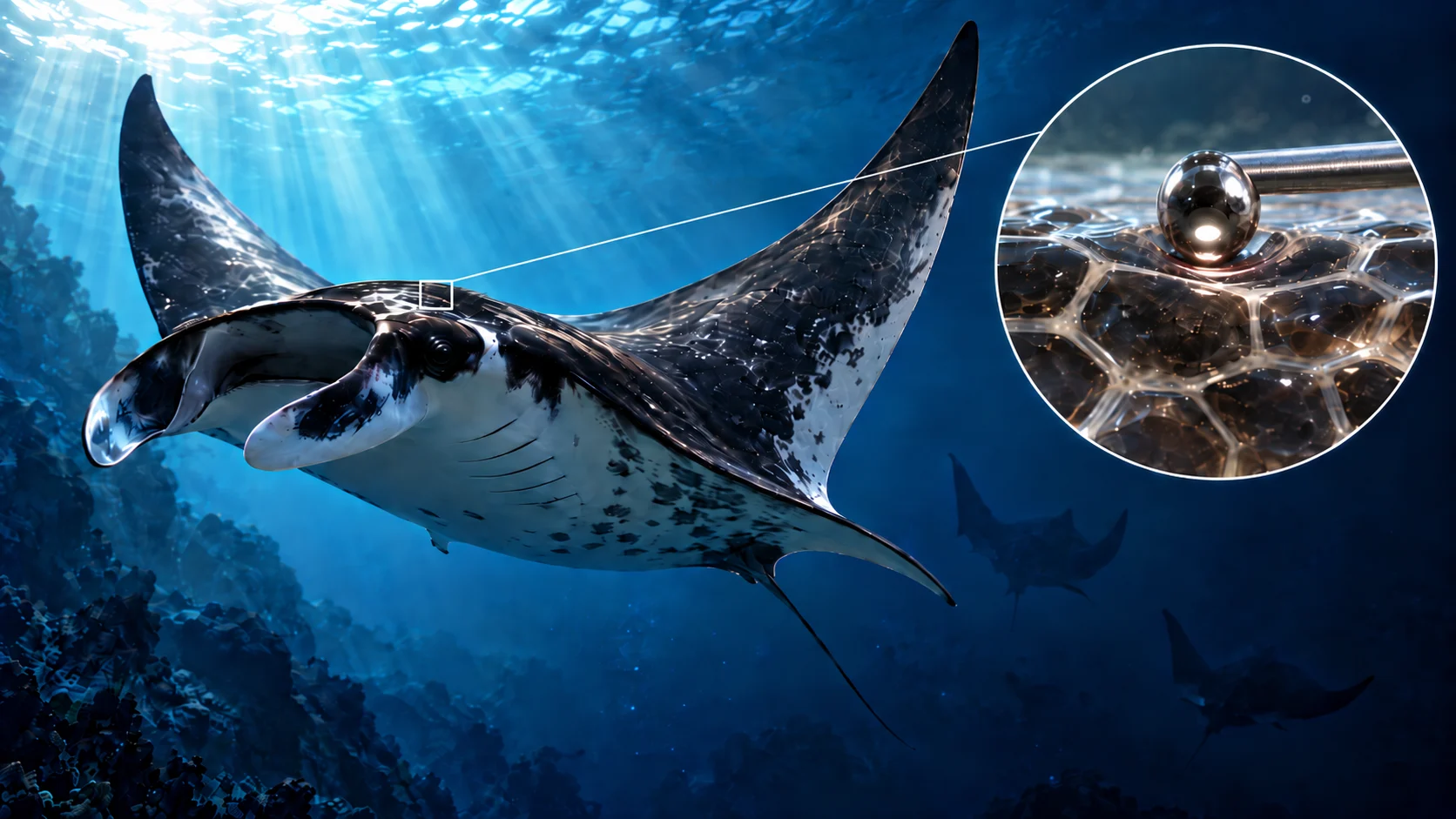 Devil ray swimming at depth with an inset showing spherical micro-indentation of tessellated cartilage using a MicroTester-style tungsten microbeam.
