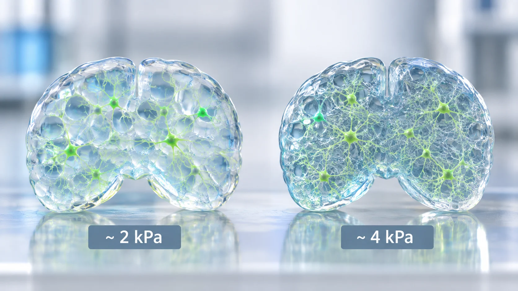 Bioprinted neural tissue models showing soft and stiff GelMA hydrogel stiffness conditions of approximately 2 kPa and 4 kPa.
